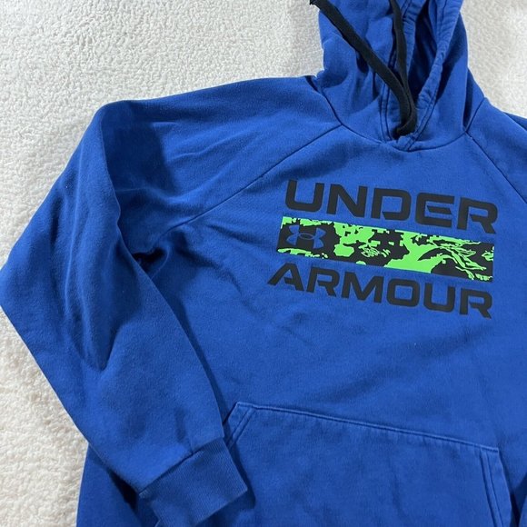 Under Armour Hoodie Rival Mens Medium Royal Blue Green Camo Logo Pullover - Picture 3 of 9